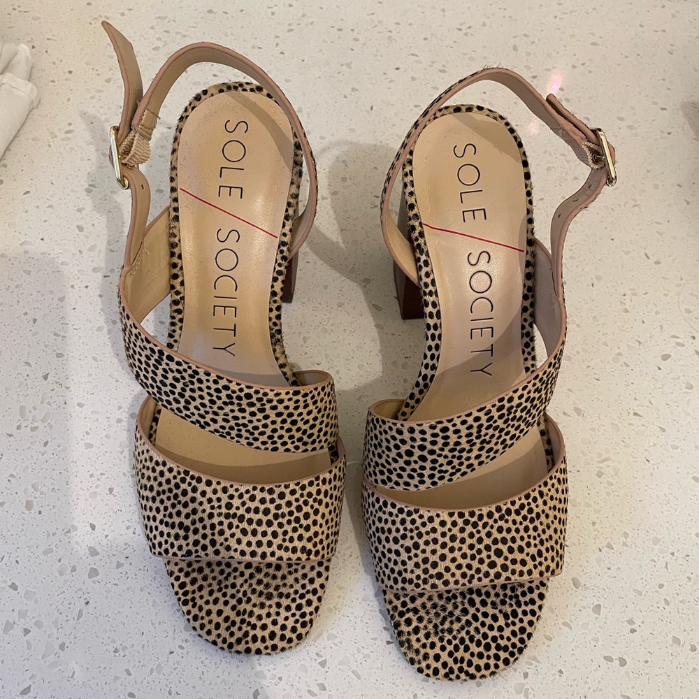 Sole Society Jiya Black Tan Dot Animal Print High Heel Calf Hair Sandals 7M